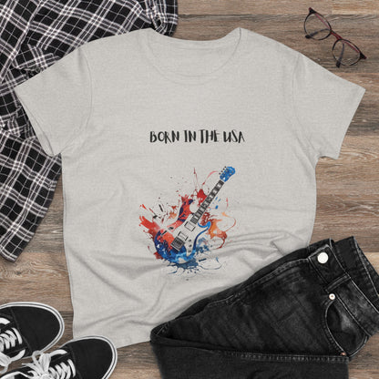 Gray patriotic guitar tee with Born in the USA text and red white blue guitar graphic by Printify