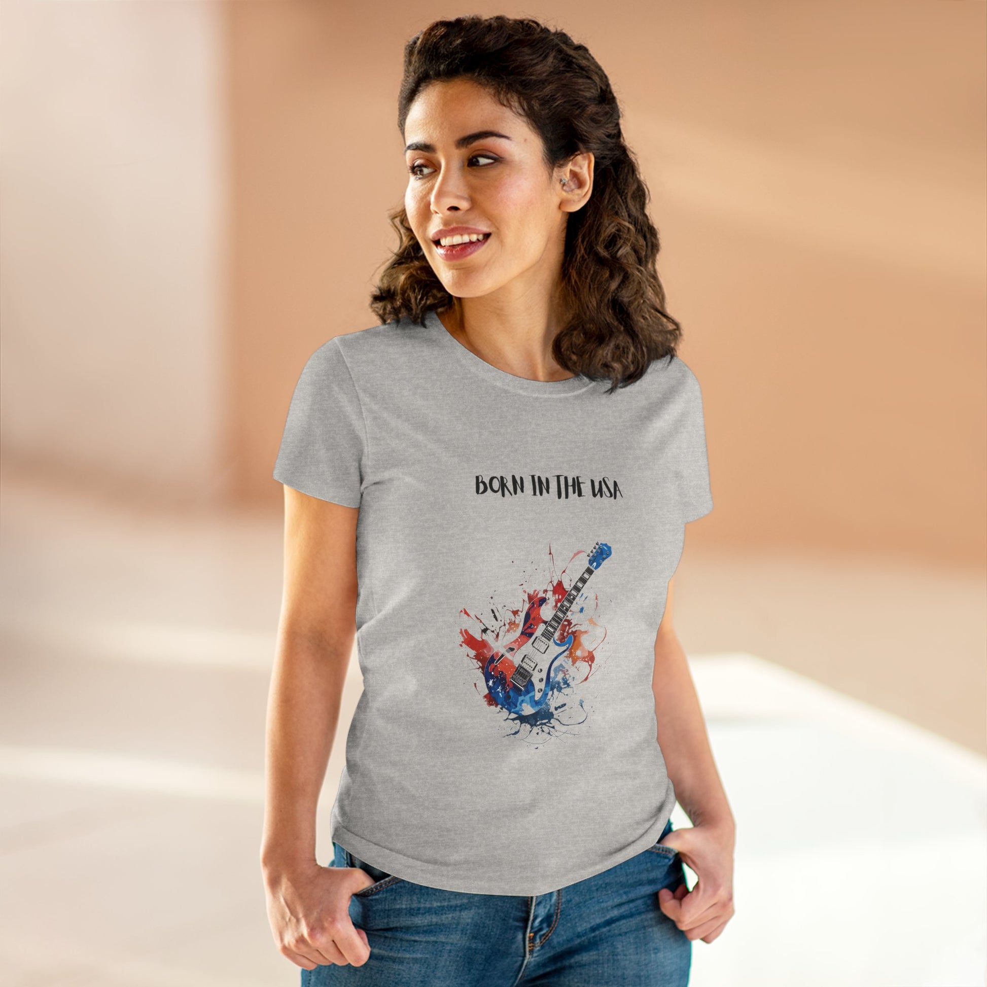 Printify patriotic guitar tee with USA flag design worn by woman in casual setting