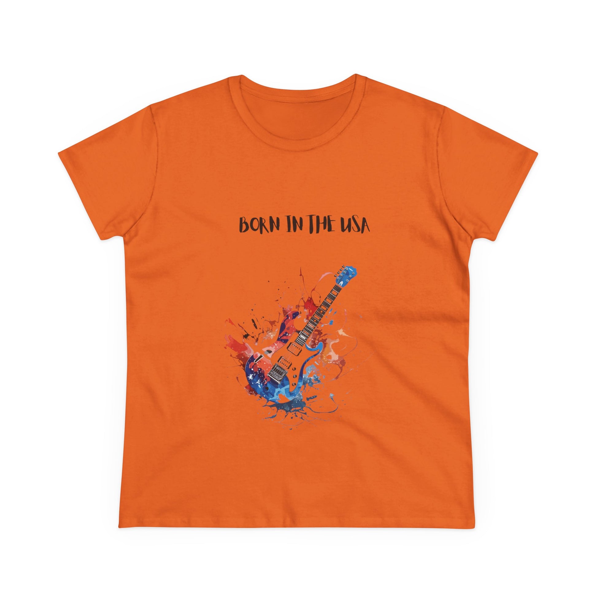 Printify orange T-shirt with patriotic guitar tee design Born in the USA featuring a colorful electric guitar graphic