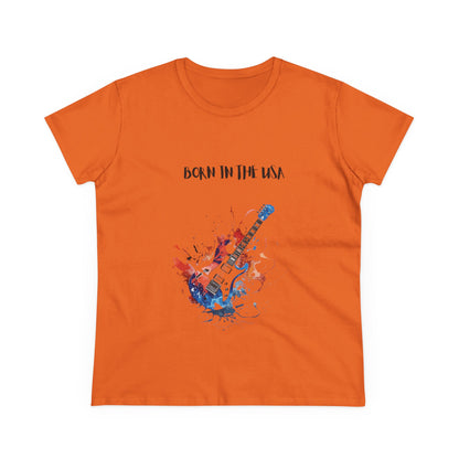Printify orange T-shirt with patriotic guitar tee design Born in the USA featuring a colorful electric guitar graphic