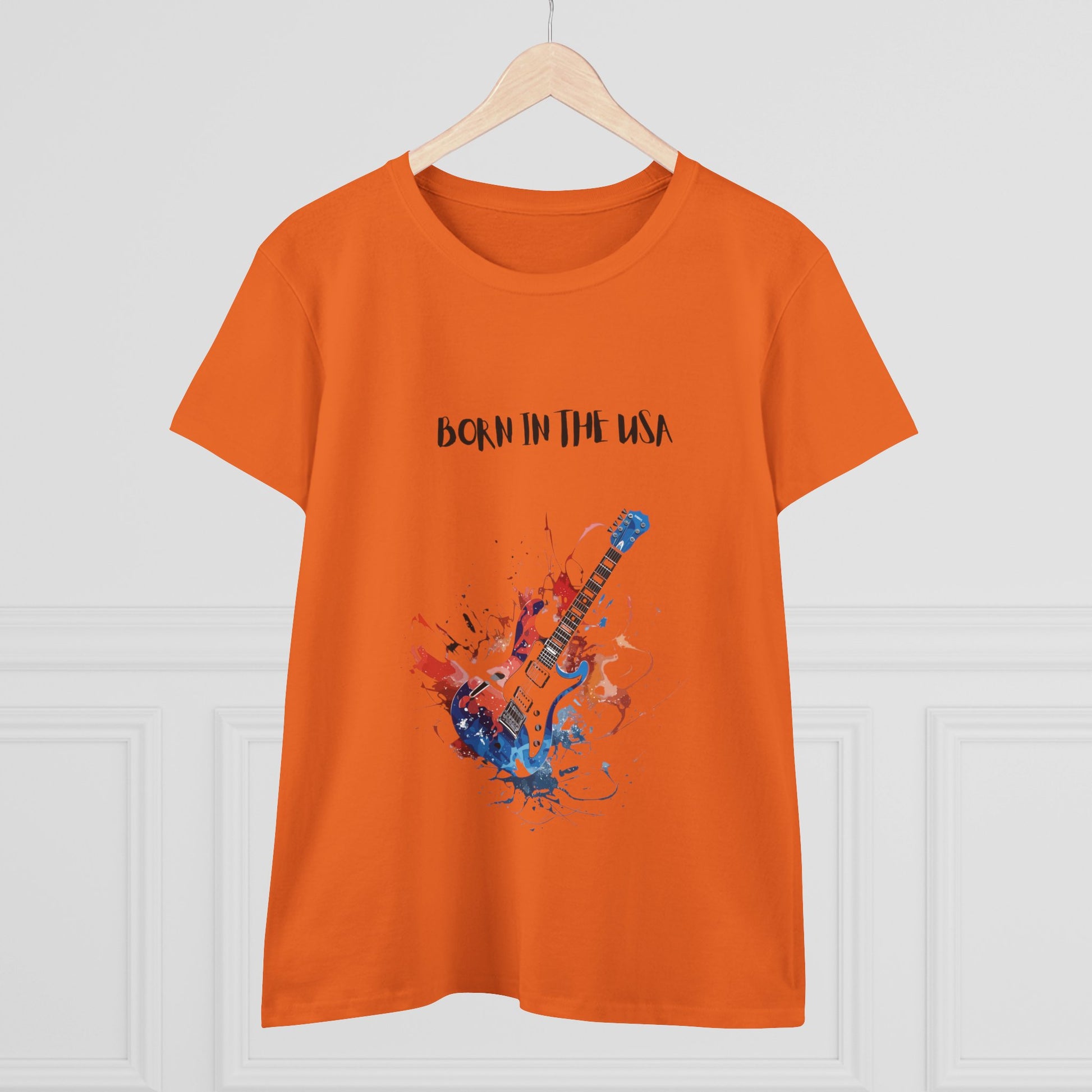 Orange Printify t-shirt with patriotic guitar tee design featuring red white and blue electric guitar and born in the USA text