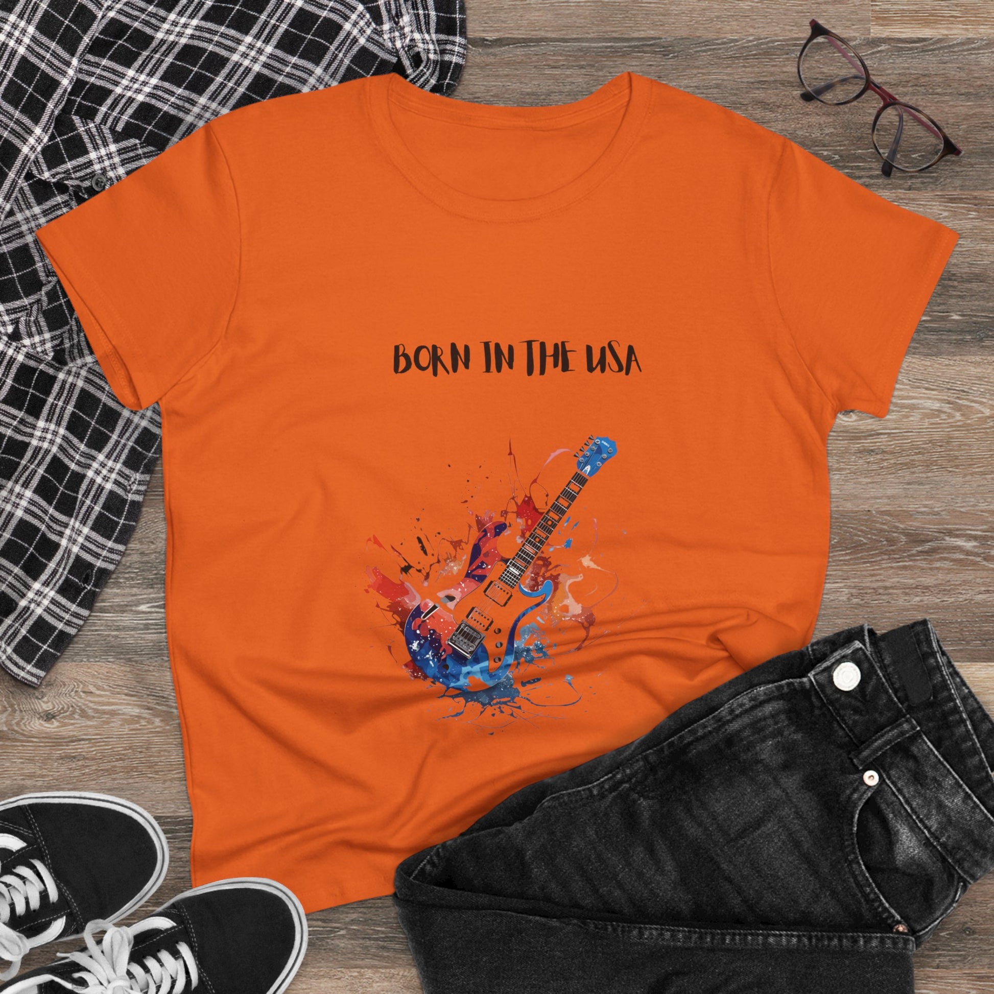 Orange patriotic guitar tee with Born in the USA text and electric guitar design by Printify