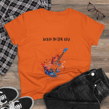 Orange patriotic guitar tee with Born in the USA text and electric guitar design by Printify