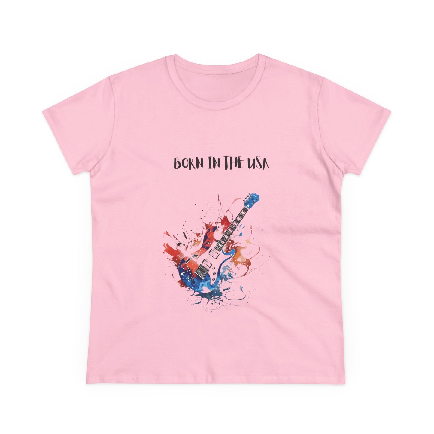 Pink patriotic guitar tee with Born in the USA design and artistic guitar graphic