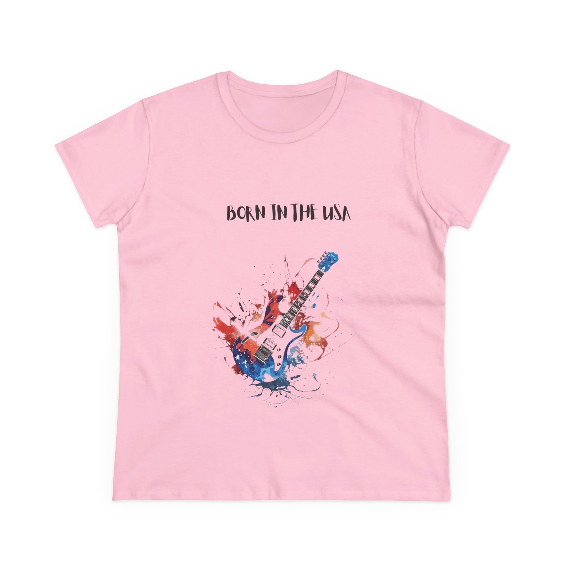 Pink patriotic guitar tee with Born in the USA design and artistic guitar graphic