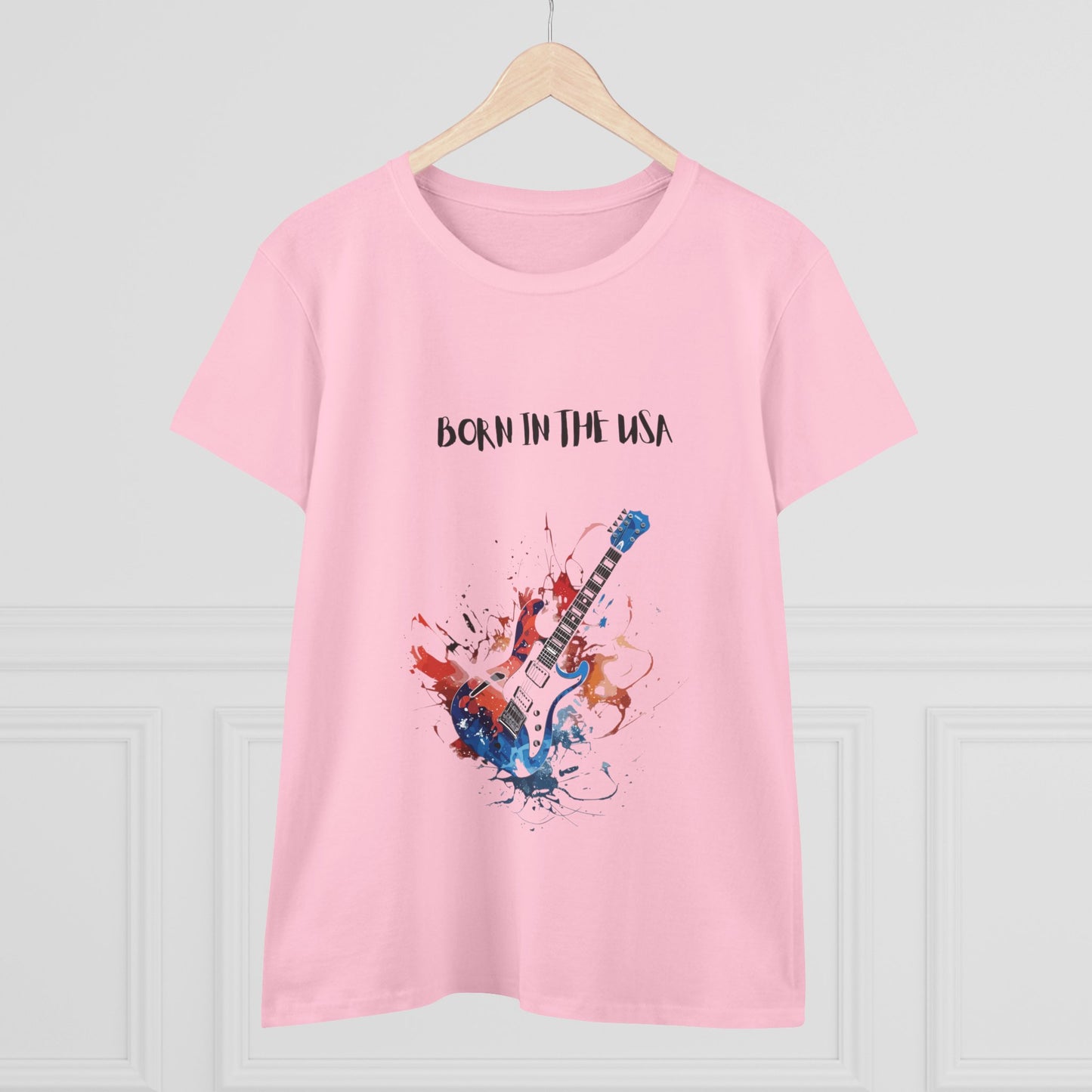 Pink patriotic guitar tee with Born in the USA text and red white blue guitar graphic