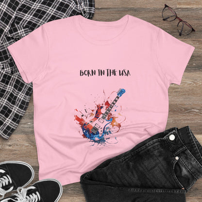 Pink patriotic guitar tee with Born in the USA design laid out with black jeans and sneakers