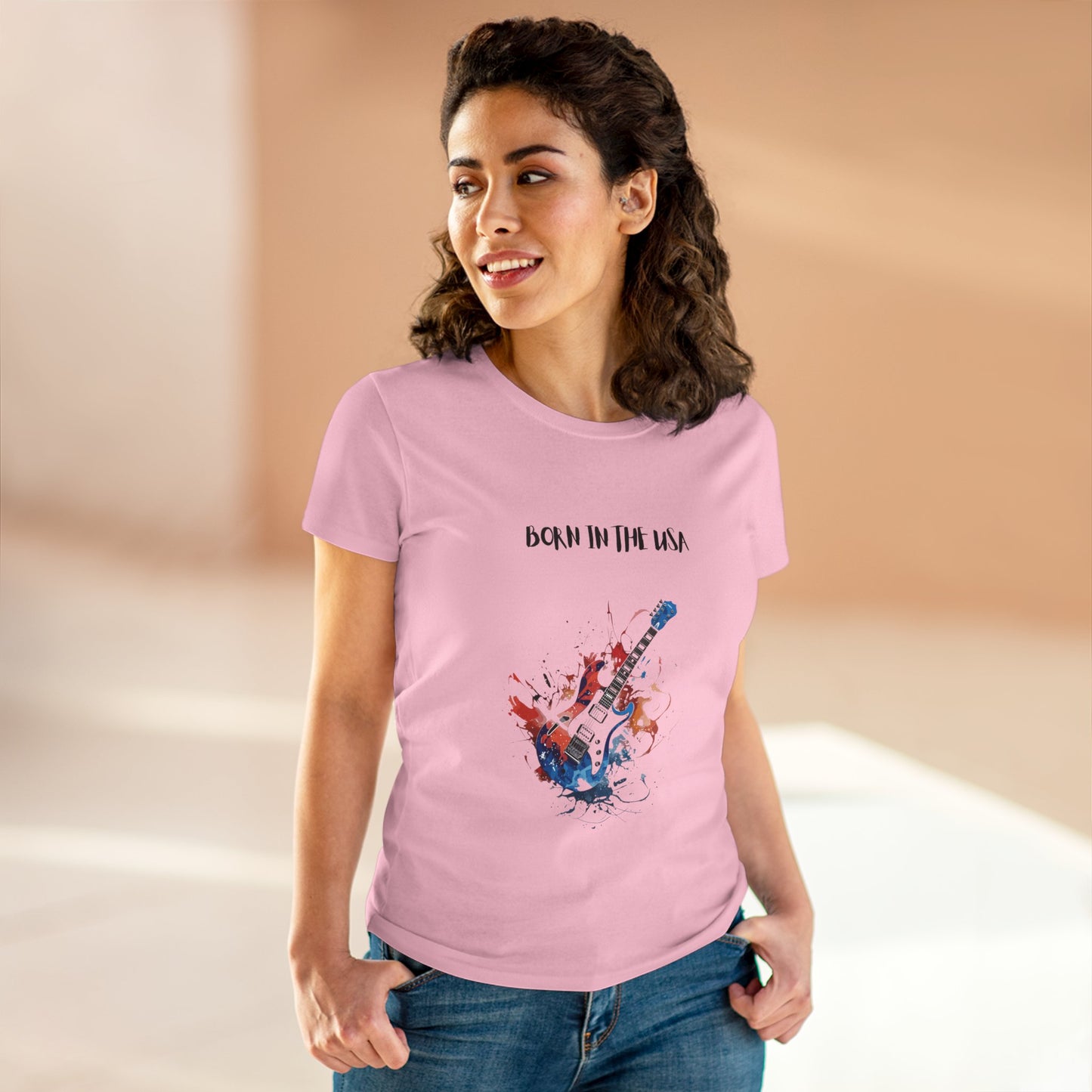 Pink Printify t-shirt with patriotic guitar tee design featuring an American flag-inspired guitar and Born in the USA text