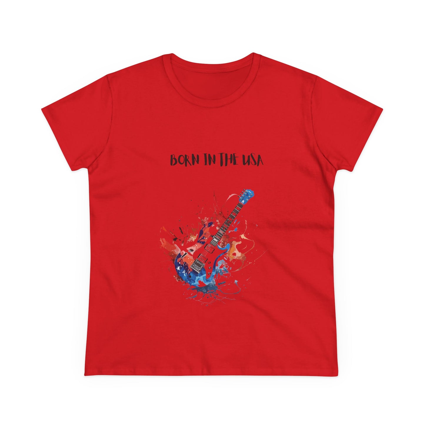Red patriotic guitar tee with Born in the USA text and guitar graphic in red white and blue
