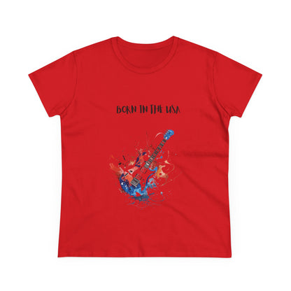 Red patriotic guitar tee with Born in the USA text and guitar graphic in red white and blue