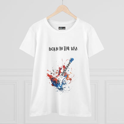 White patriotic guitar tee with Born in the USA text and a red blue guitar design from Printify