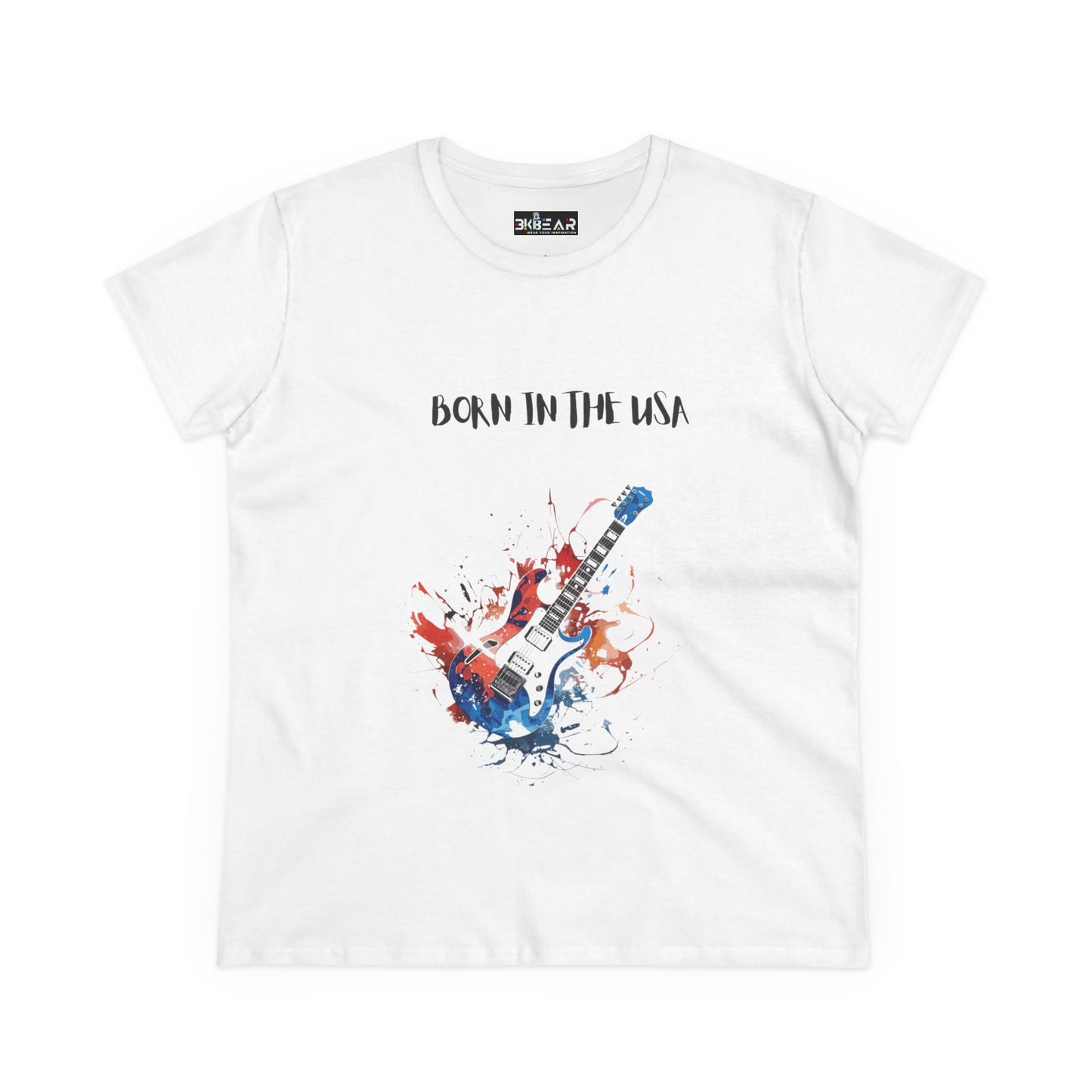 White Printify T-Shirt with Born in the USA patriotic guitar tee design featuring a red, white, and blue electric guitar