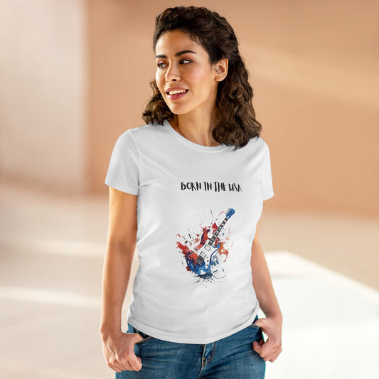 Woman wearing white patriotic guitar tee with Born in the USA design and American flag colors