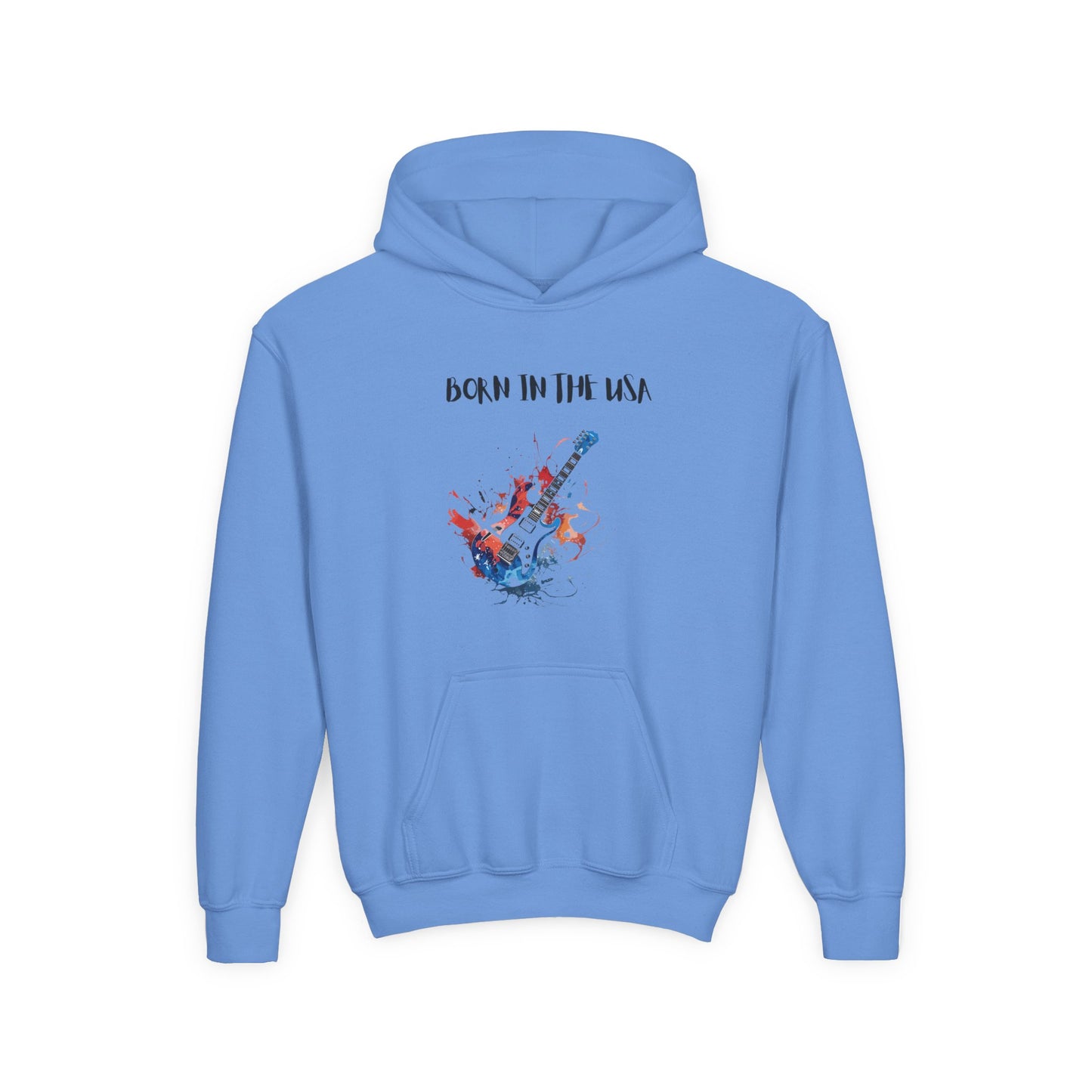 Light blue patriotic kids hoodie with Born in the USA guitar graphic and front kangaroo pocket