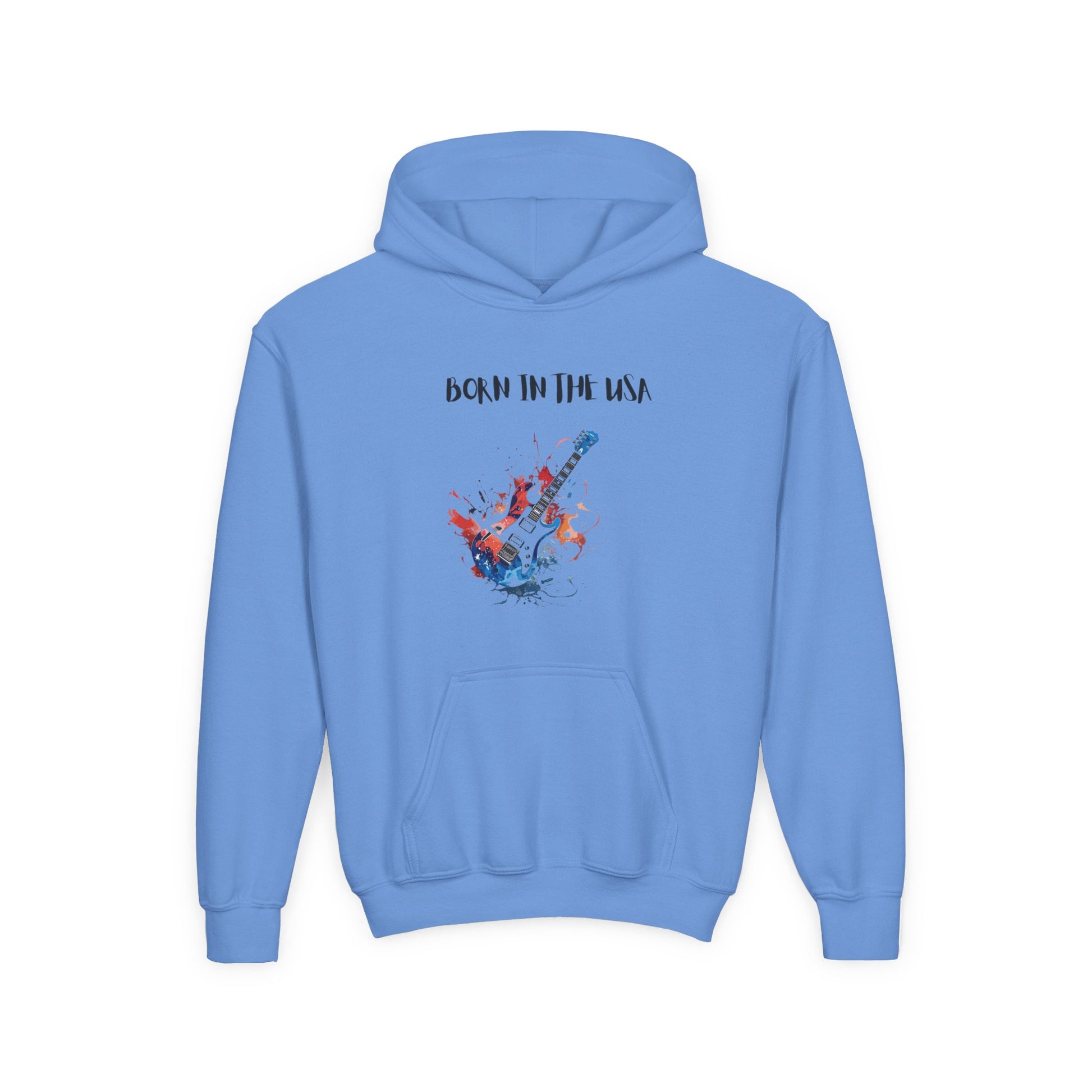 Light blue patriotic kids hoodie with Born in the USA guitar graphic and front kangaroo pocket