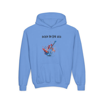 Light blue patriotic kids hoodie with Born in the USA guitar graphic and front kangaroo pocket