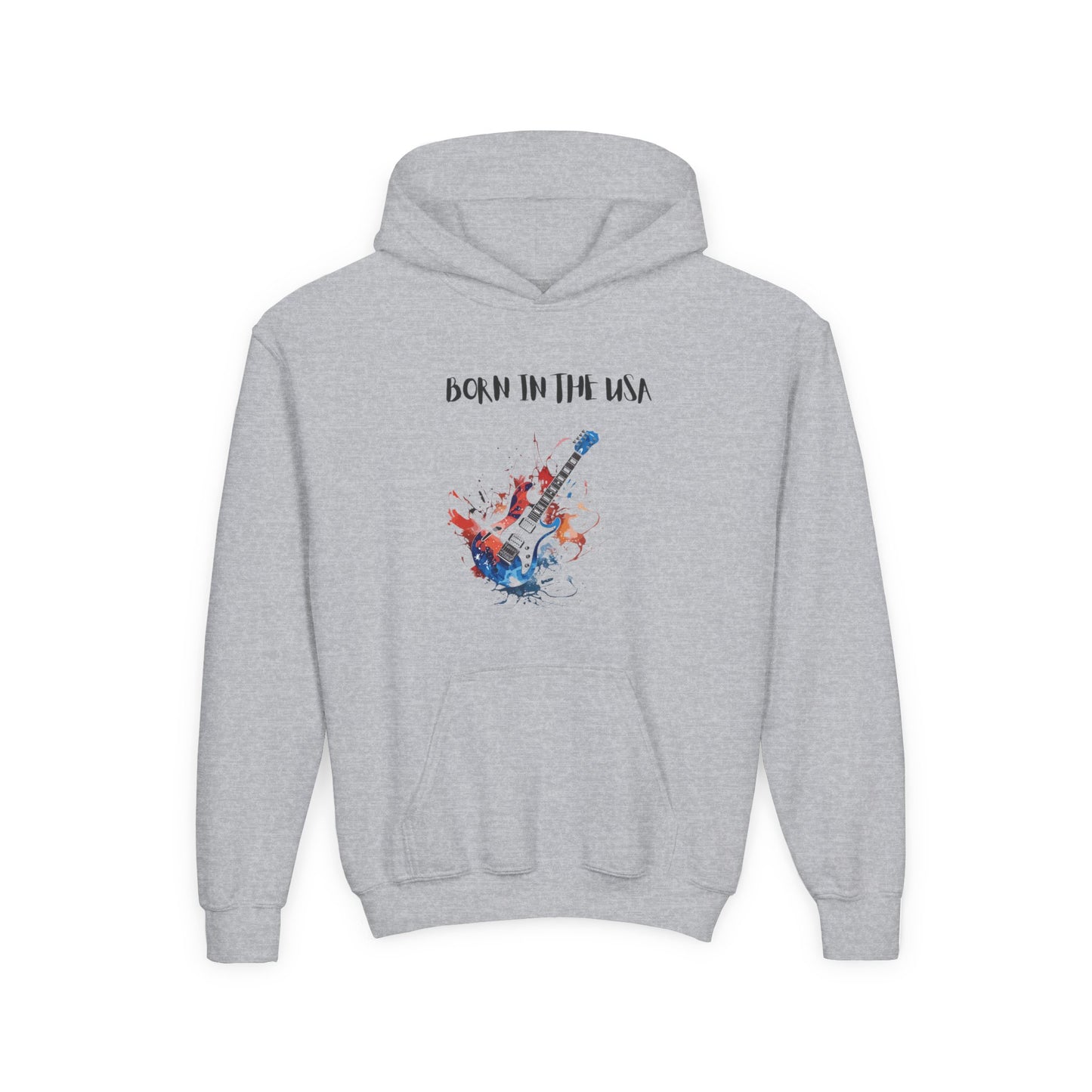Gray patriotic kids hoodie with Born in the USA text and colorful guitar graphic by Printify