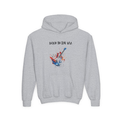Gray patriotic kids hoodie with Born in the USA text and colorful guitar graphic by Printify