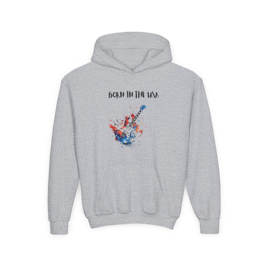 Gray patriotic kids hoodie with Born in the USA text and colorful guitar graphic by Printify