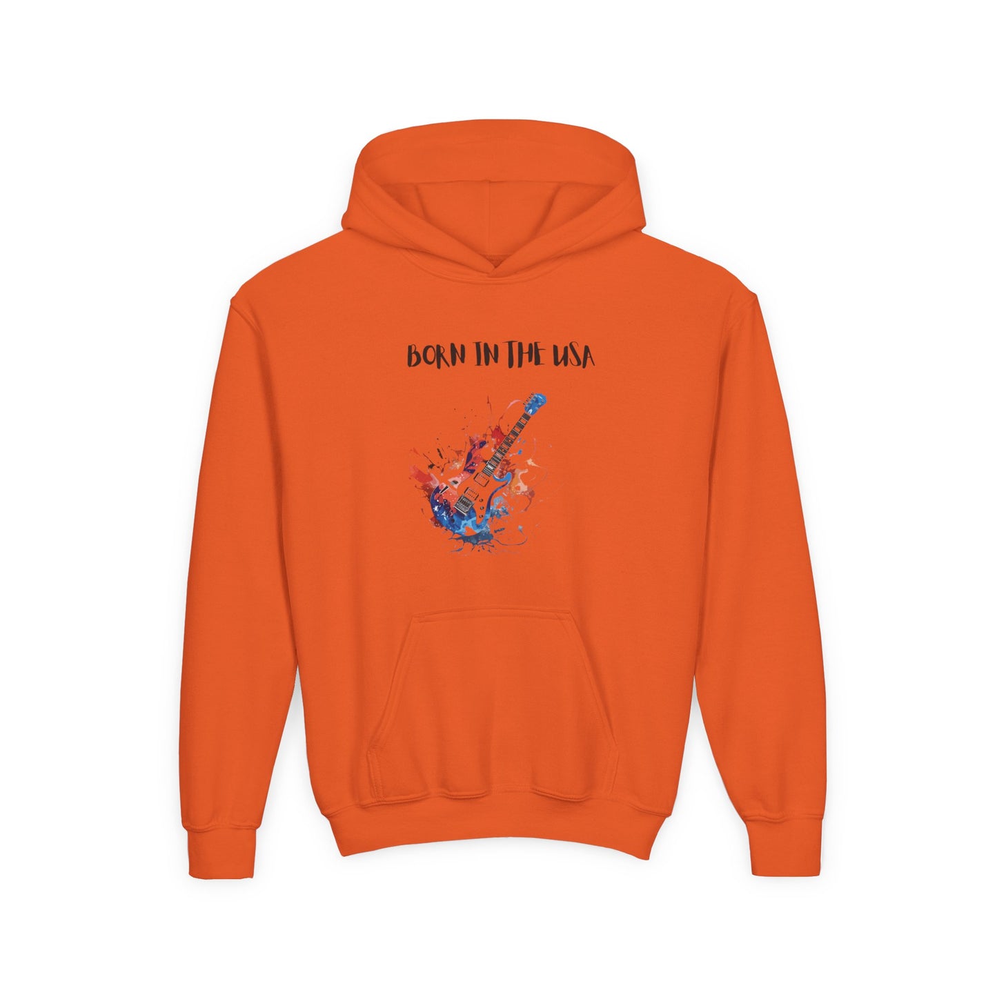Orange patriotic kids hoodie with Born in the USA guitar graphic and front kangaroo pocket