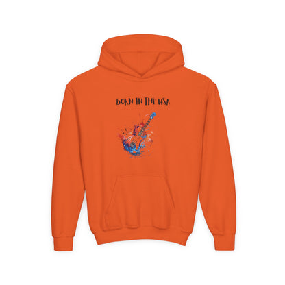 Orange patriotic kids hoodie with Born in the USA guitar graphic and front kangaroo pocket