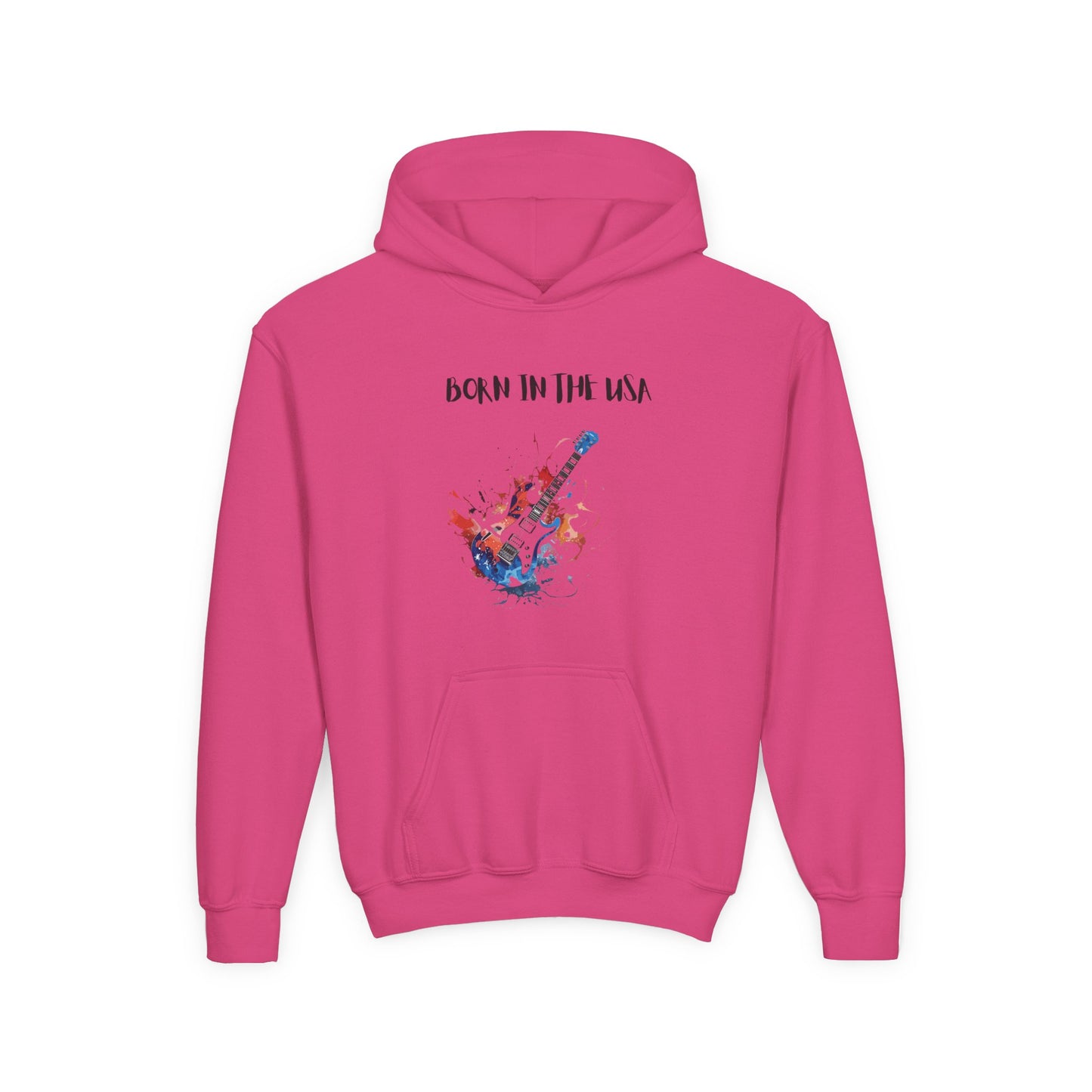 Pink patriotic kids hoodie with Born in the USA text and colorful guitar graphic