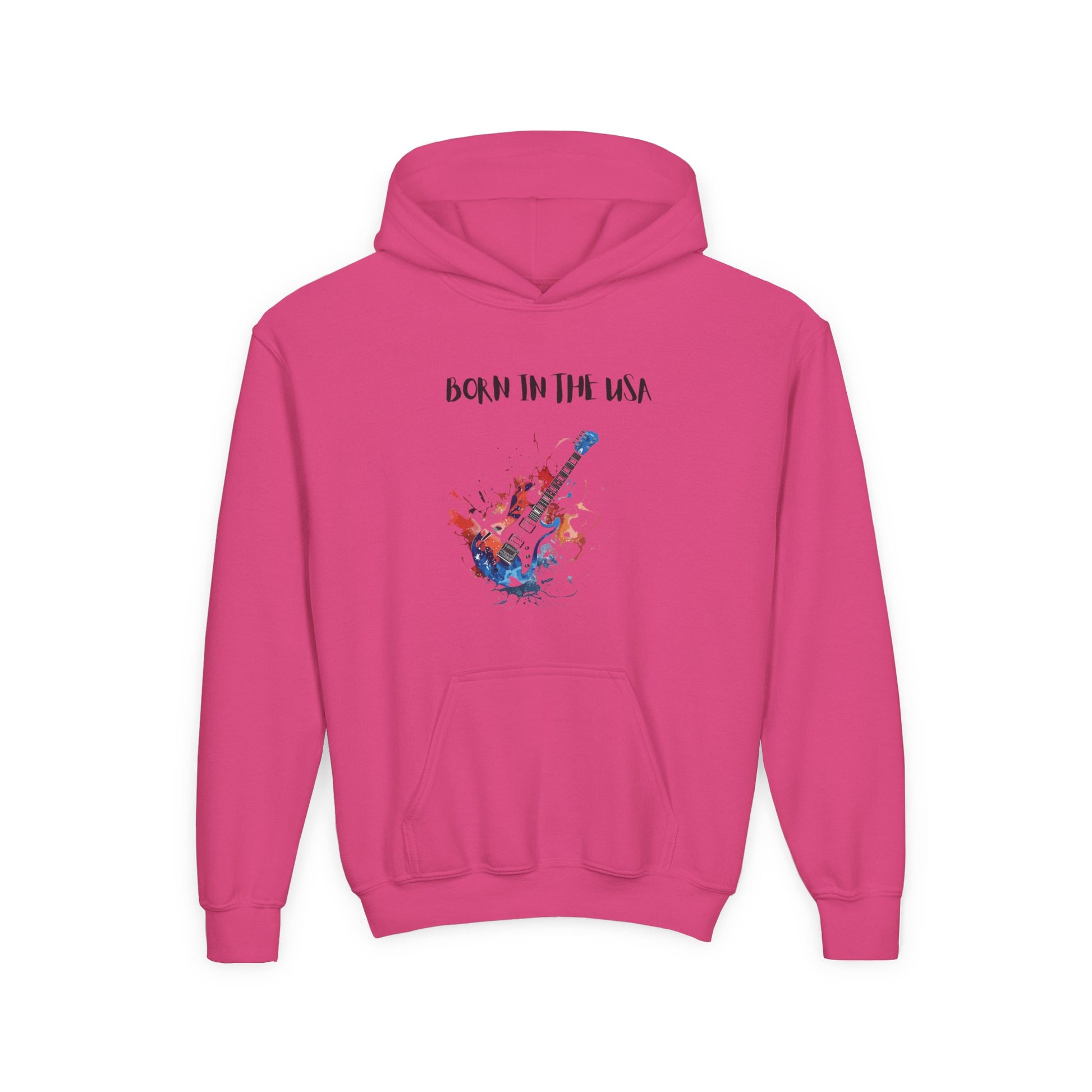 Pink patriotic kids hoodie with Born in the USA text and colorful guitar graphic