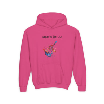 Pink patriotic kids hoodie with Born in the USA text and colorful guitar graphic
