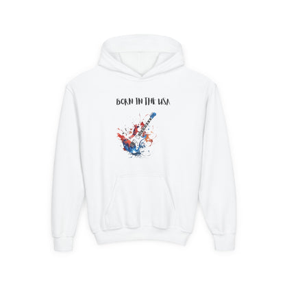 White patriotic kids hoodie with Born in the USA guitar graphic front print