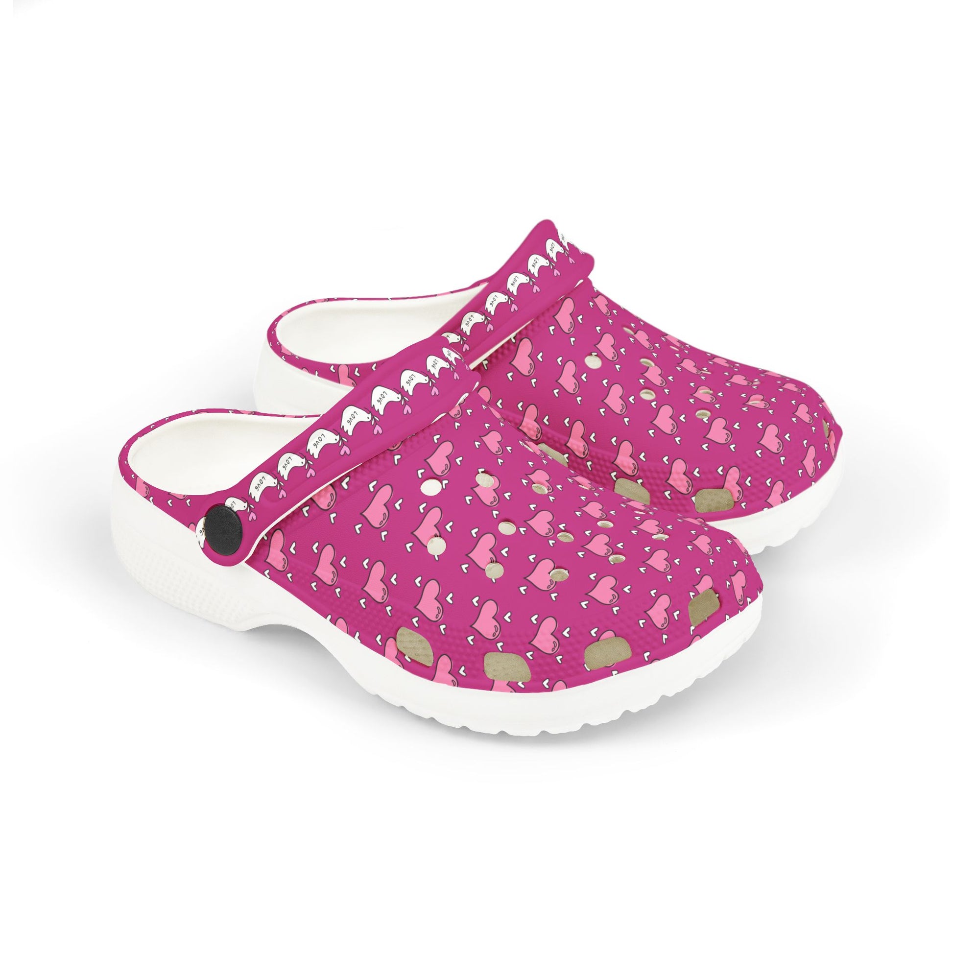Pink Printify rubber clogs with heart pattern and adjustable strap for comfortable wear