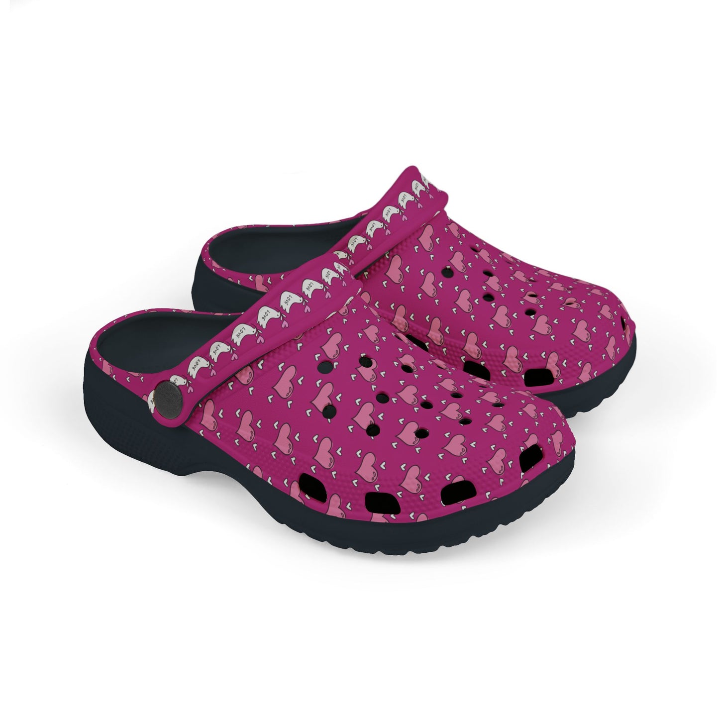 Printify pink rubber clogs with heart pattern and black soles for comfortable casual wear