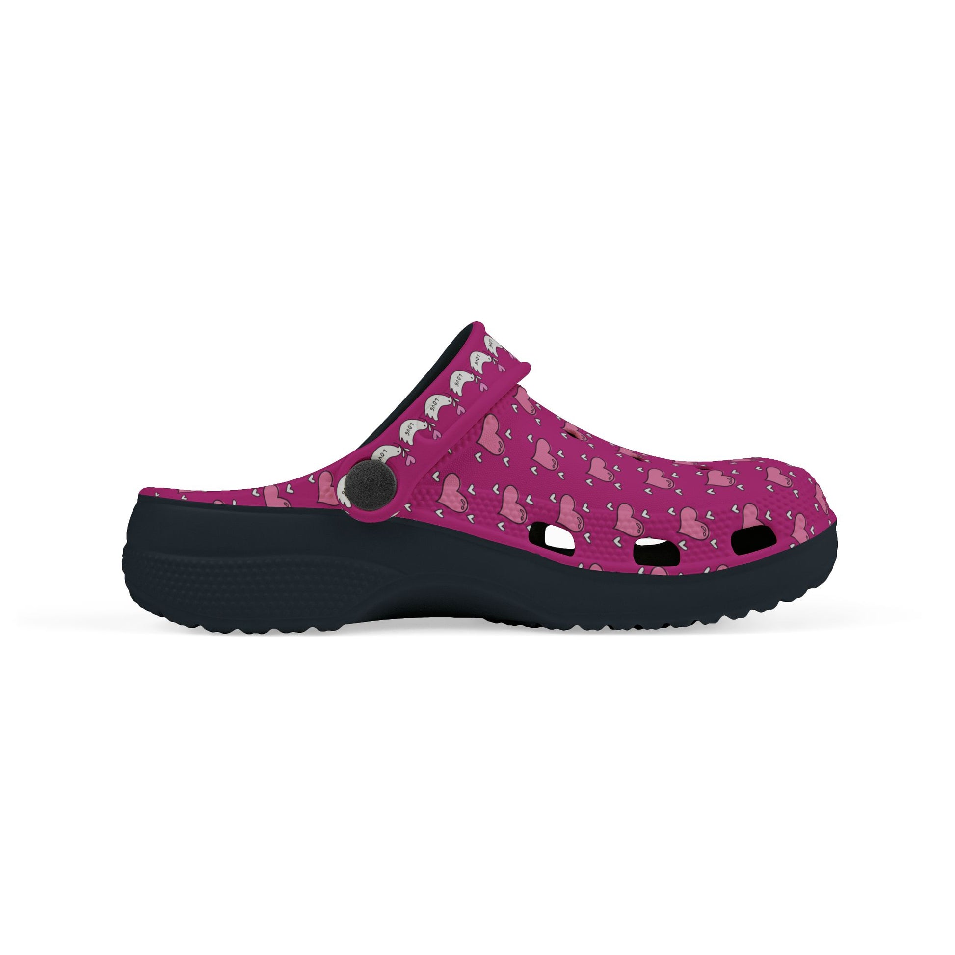 Printify pink and black rubber clogs with heart and elephant pattern and adjustable strap