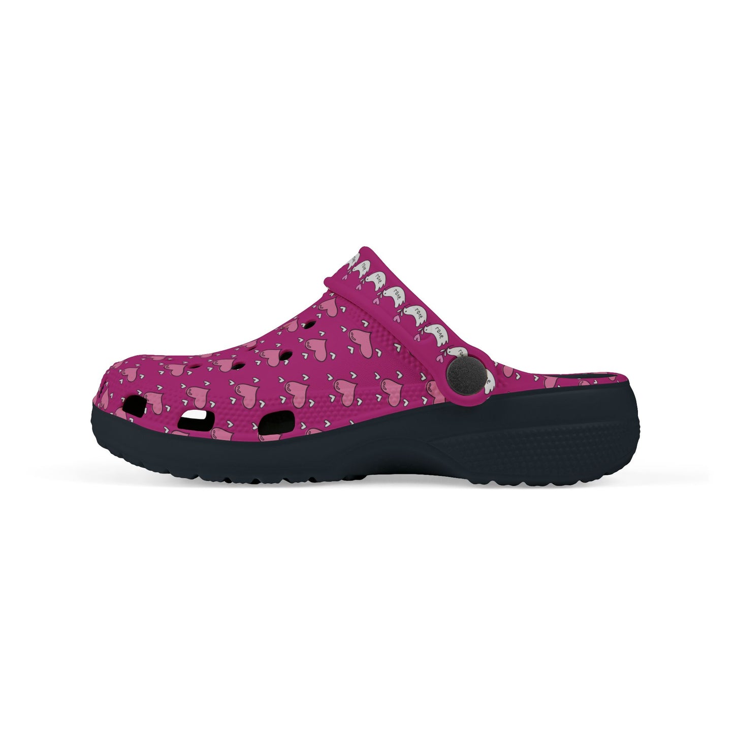 Printify pink rubber clogs with black sole and decorative patterns for casual wear