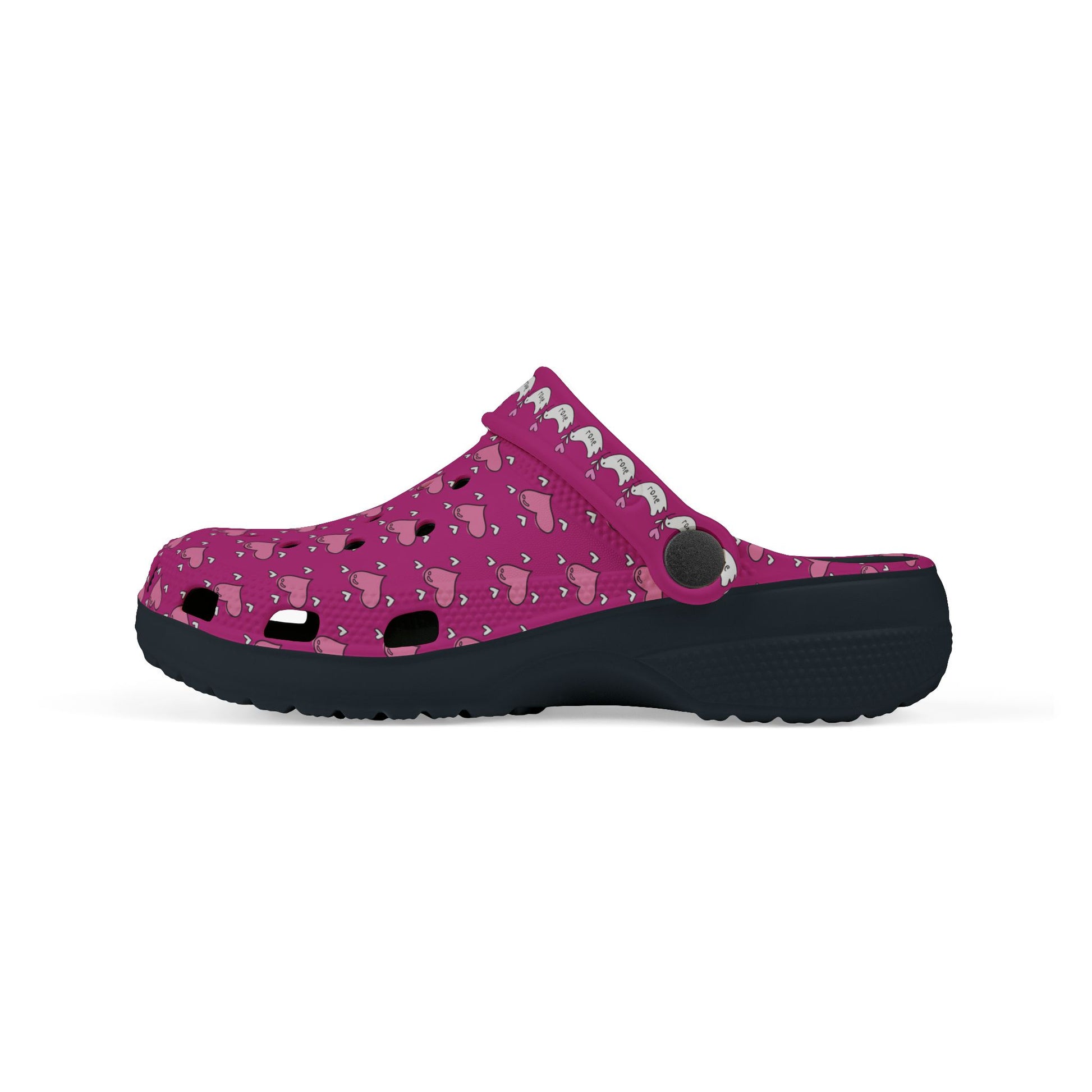 Printify pink rubber clogs with black sole and decorative patterns for casual wear