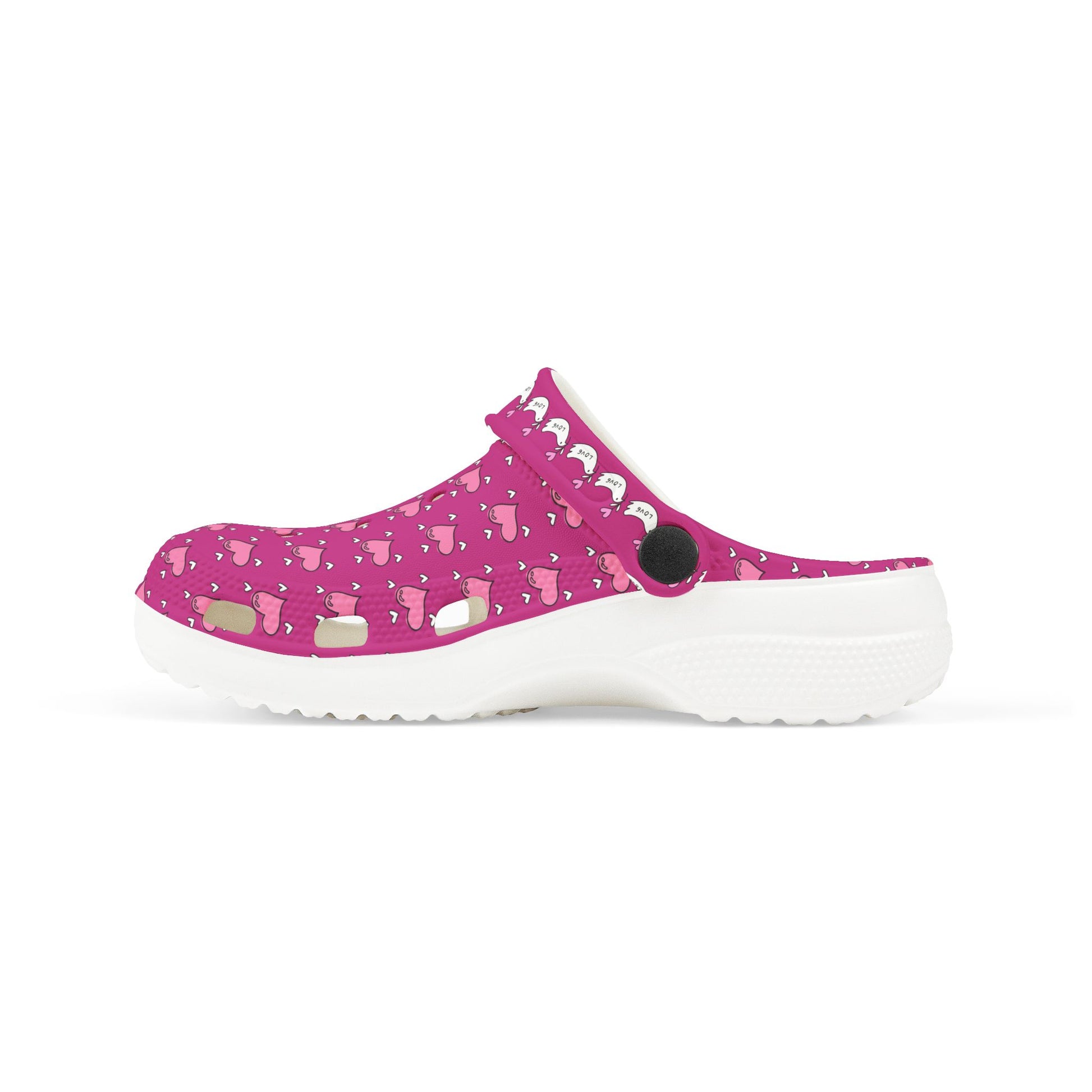 Printify pink rubber clogs with white sole and heart pattern for casual comfort