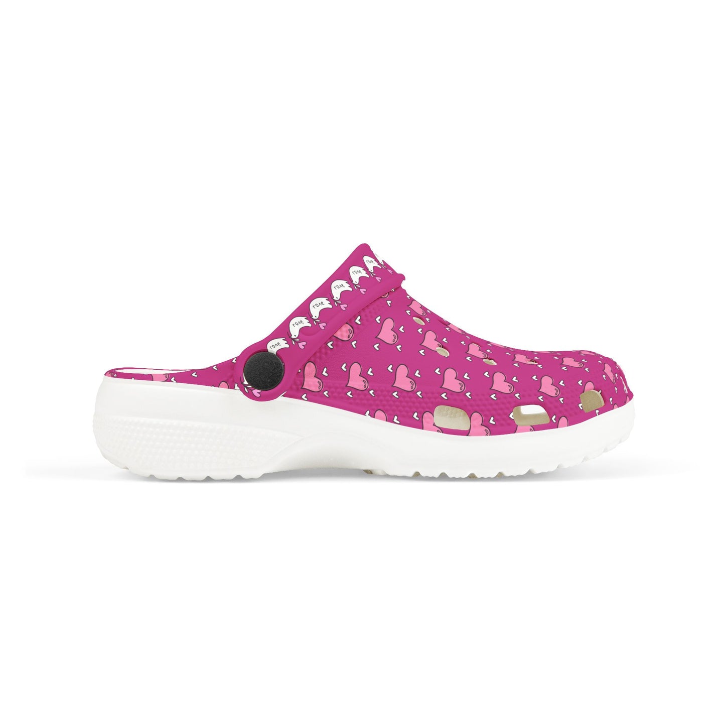 Printify pink rubber clogs with heart pattern and white sole for comfortable casual wear