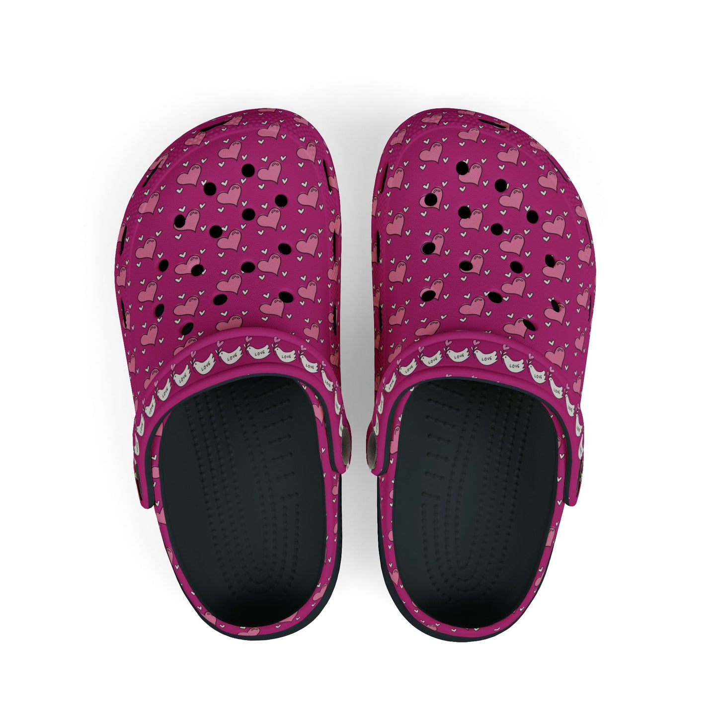Printify rubber clogs in purple with heart and llama pattern and adjustable heel straps