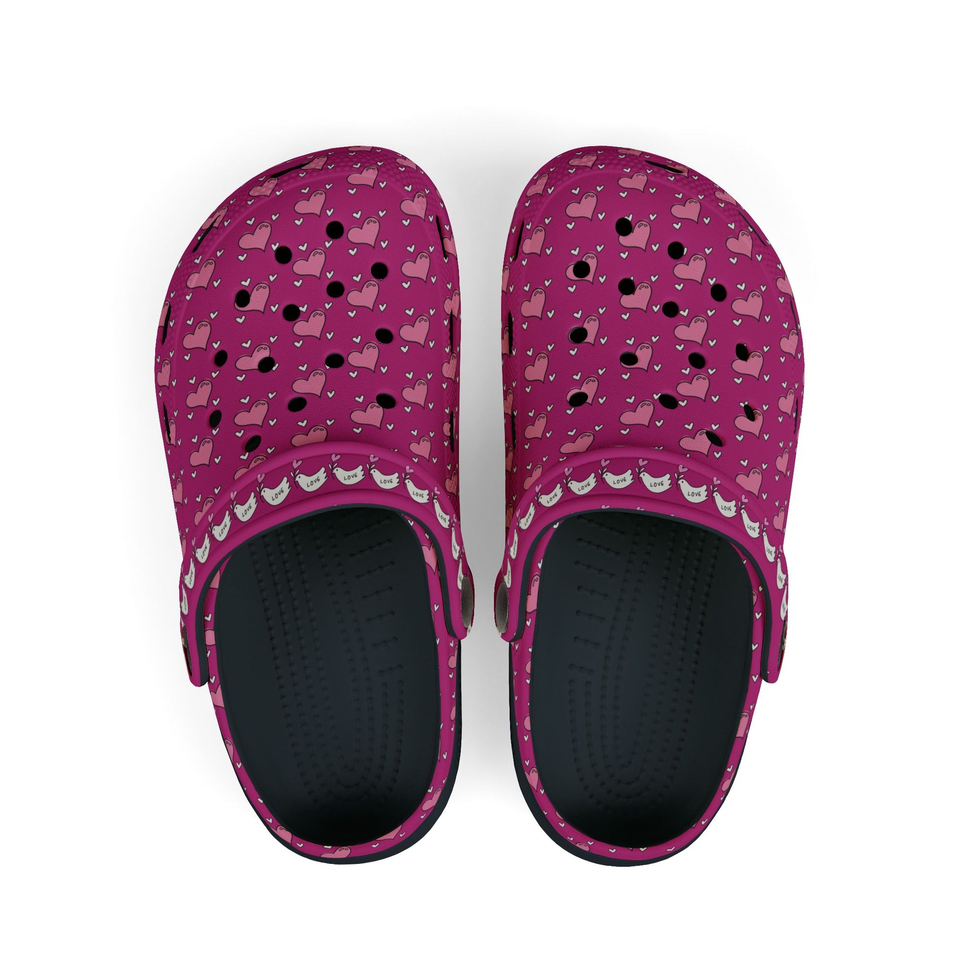 Printify rubber clogs in purple with heart and llama pattern and adjustable heel straps