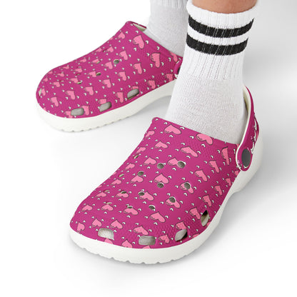 Printify pink rubber clogs with heart pattern worn with white socks with black stripes