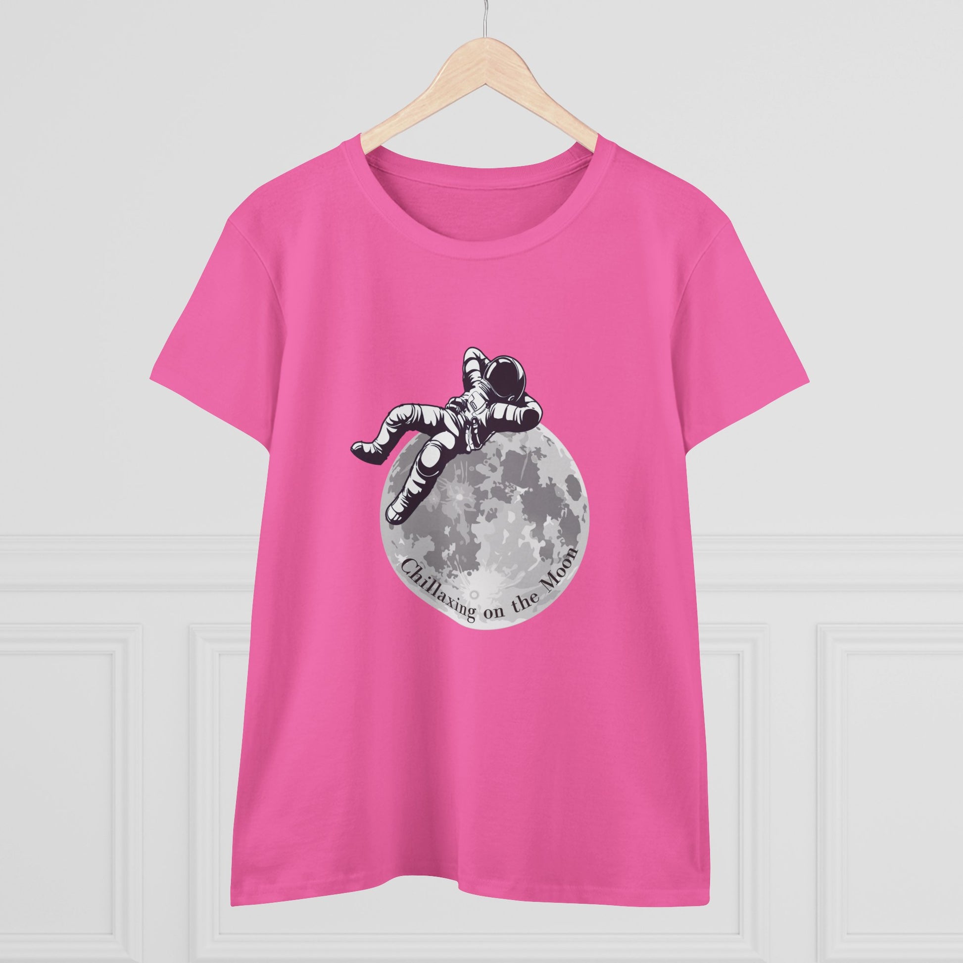 Pink moon t-shirt women with astronaut chilling on the moon graphic print by Printify