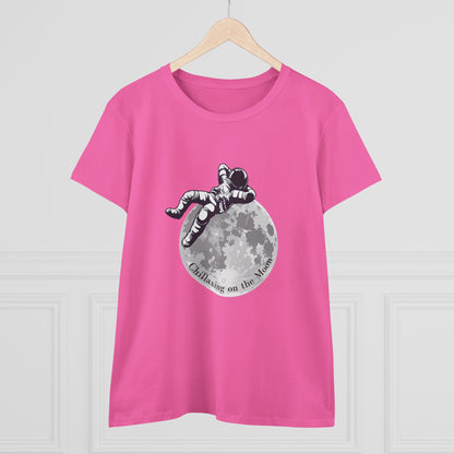 Pink moon t-shirt women with astronaut chilling on the moon graphic print by Printify