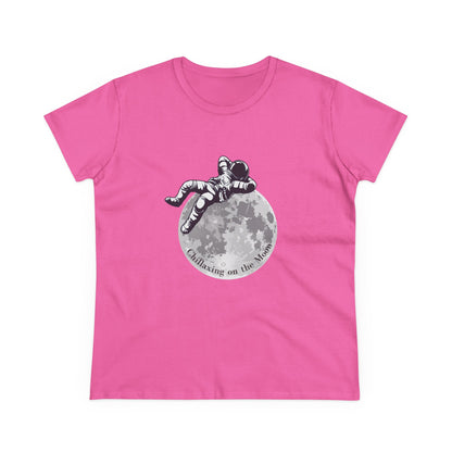 Pink moon t-shirt women with astronaut relaxing on the moon graphic design