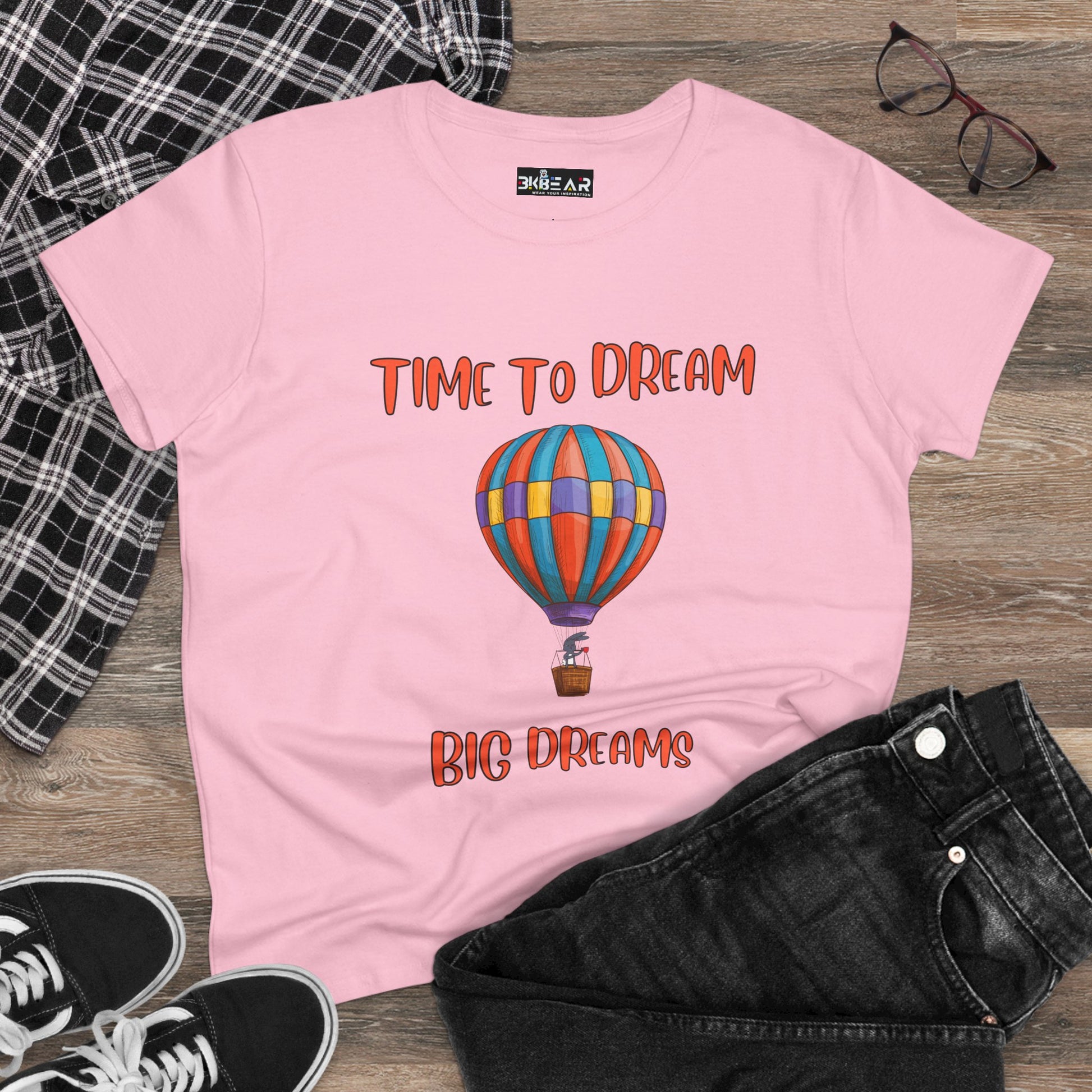 Pink motivational graphic t-shirt for women with colorful hot air balloon and time to dream text