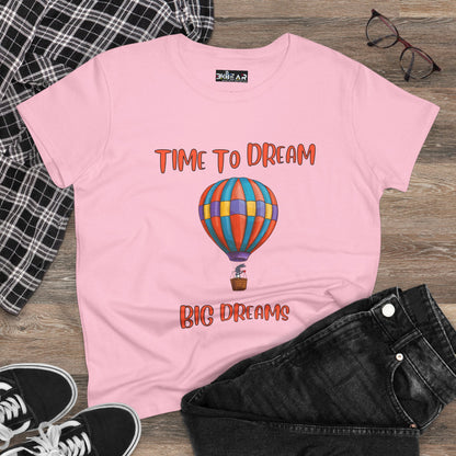 Pink motivational graphic t-shirt for women with colorful hot air balloon and time to dream text