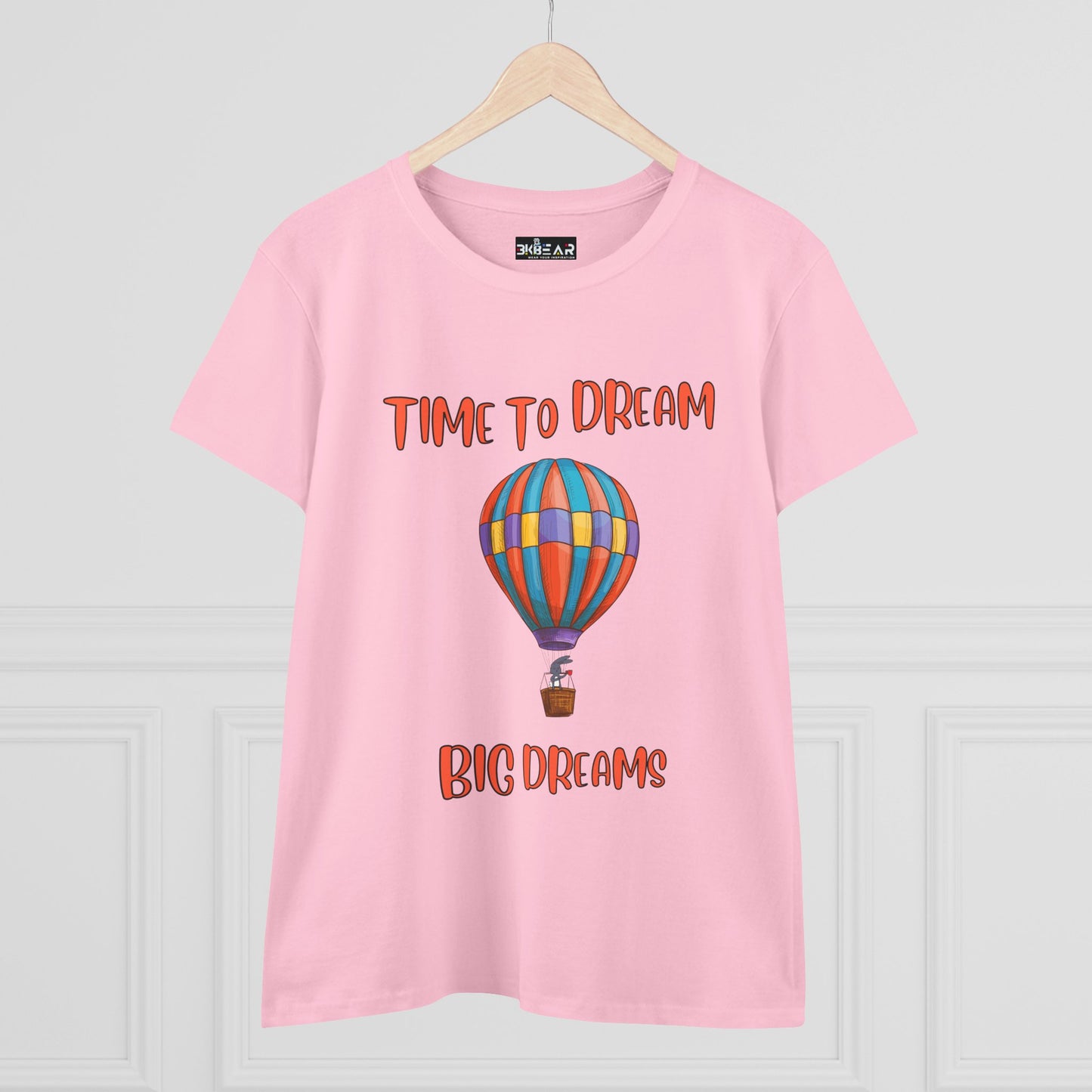 Pink motivational graphic t-shirt for women with colorful hot air balloon and Time to Dream Big Dreams text