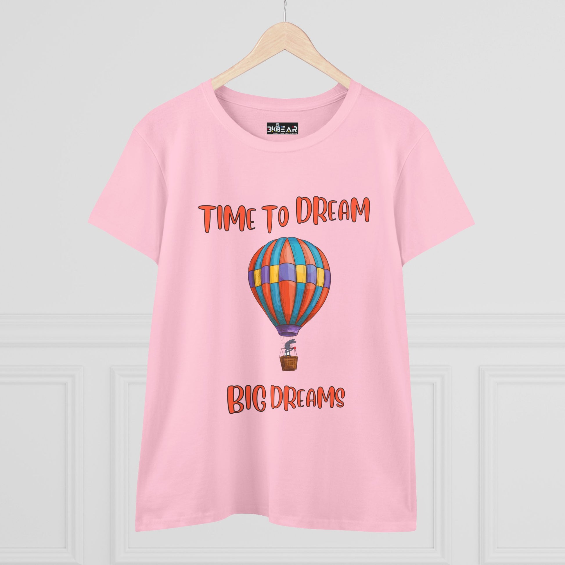 Pink motivational graphic t-shirt for women with colorful hot air balloon and Time to Dream Big Dreams text