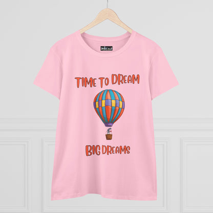 Pink motivational graphic t-shirt for women with colorful hot air balloon and Time to Dream Big Dreams text