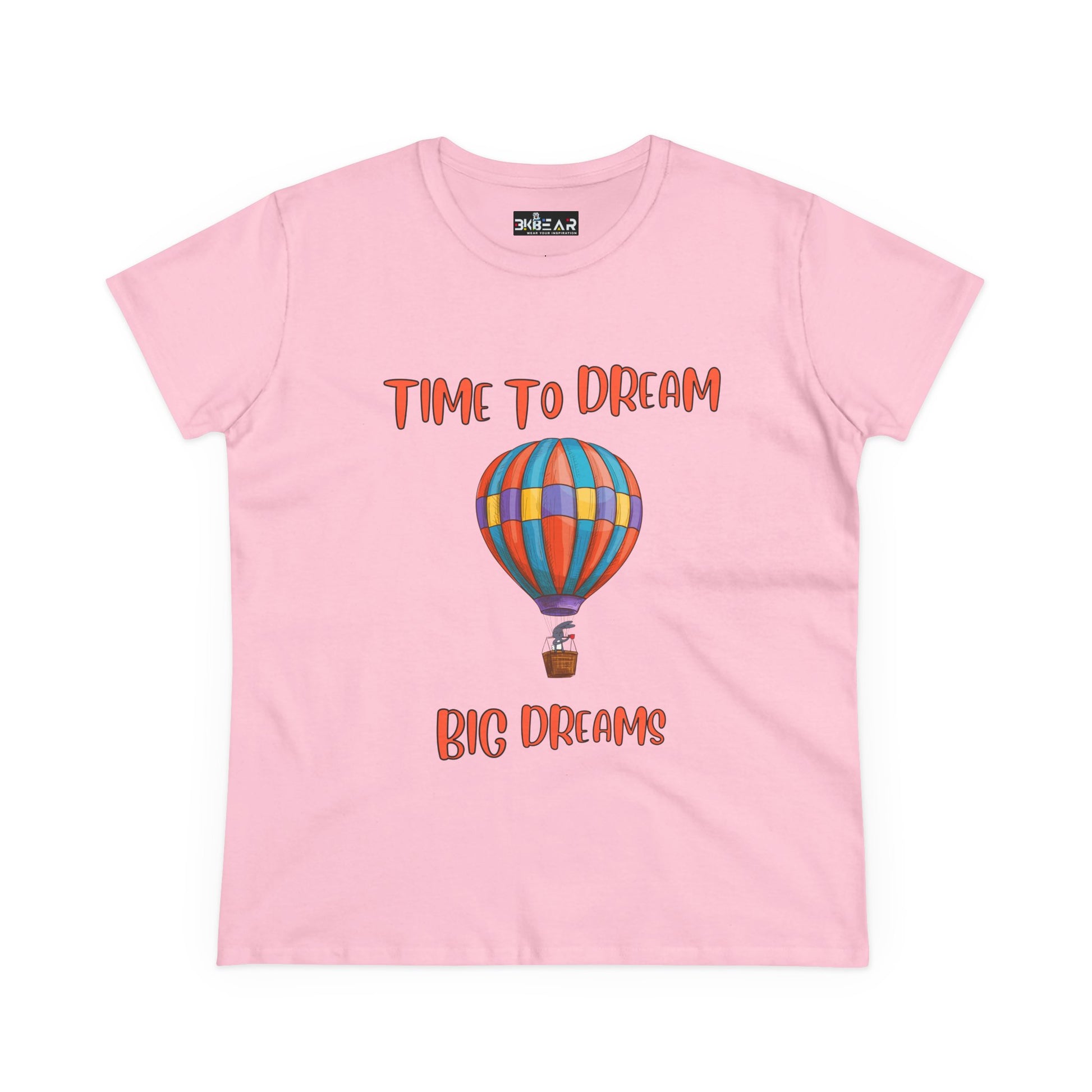 Pink motivational graphic t-shirt for women with colorful hot air balloon and dream text design
