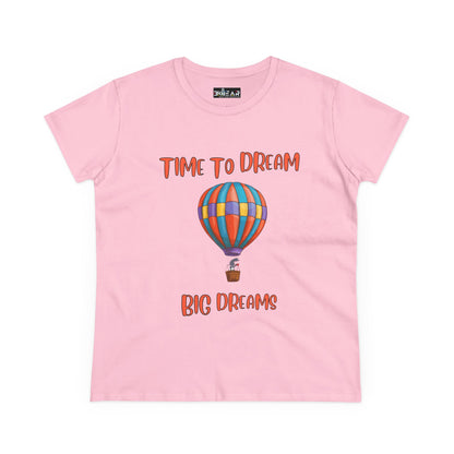 Pink motivational graphic t-shirt for women with colorful hot air balloon and dream text design