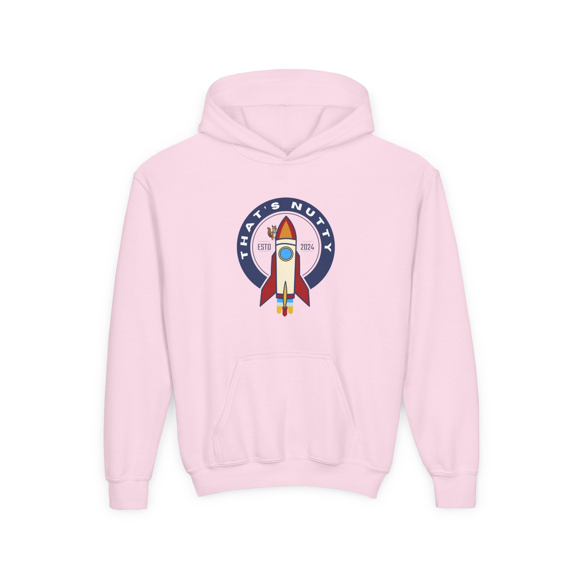 Light pink rocket ship hoodie for kids with fun space-themed graphic and front pocket